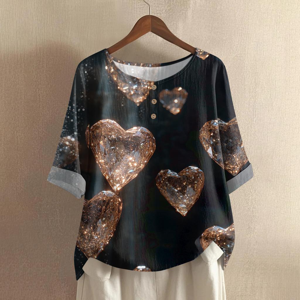 Damska casualowa i wygodna bawełniano-lniana bluzka z okrągłym dekoltem, średniej długości, z modnym nadrukiem