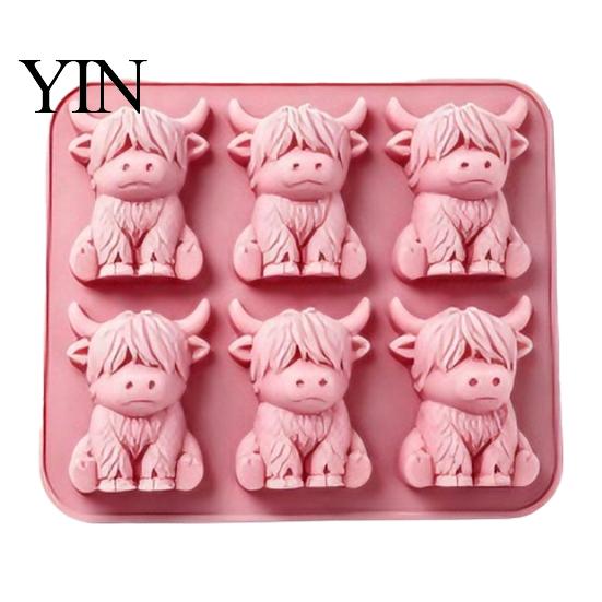 Decorative Ice Cubes for Drinks 3D Highland Cow Mold, 6 Cavity Food Grade Silicone Thickened Durable Mold Cube Tray, Non Stick Flexible Whiskey