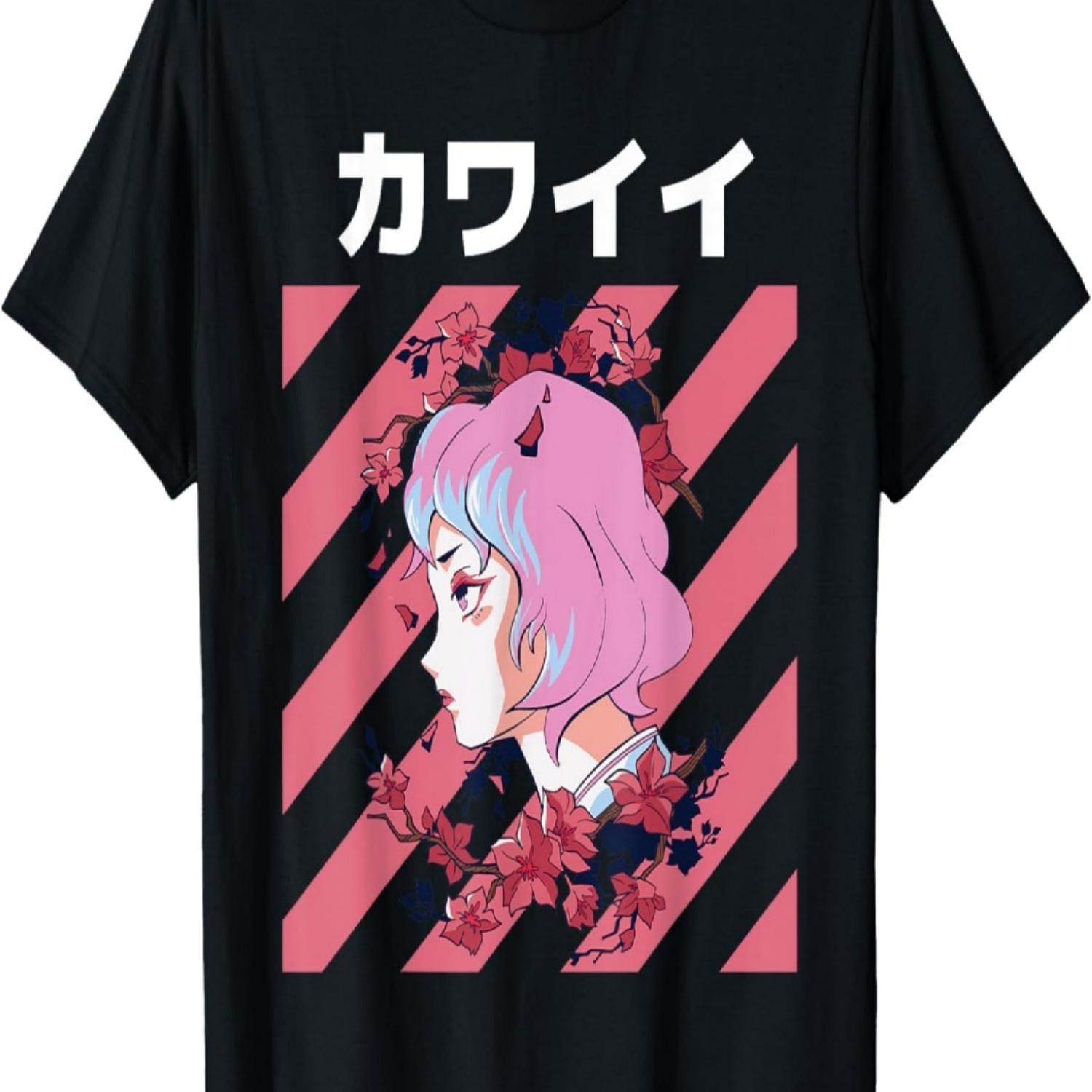 Cute Kawaii Anime Girl With Cherry Blossom  Anime T-Shirt S чёрный