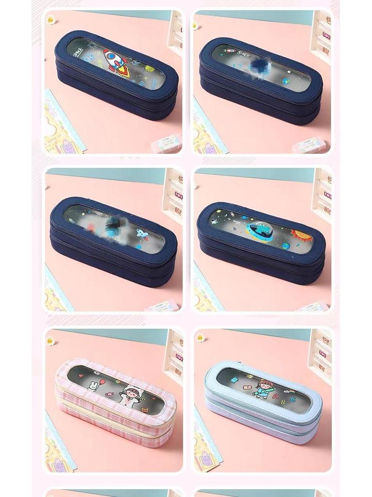 Large Capacity Transparent Cartoon Pencil Case for Girls with Double-Layer Design, Ideal for Elementary School Students