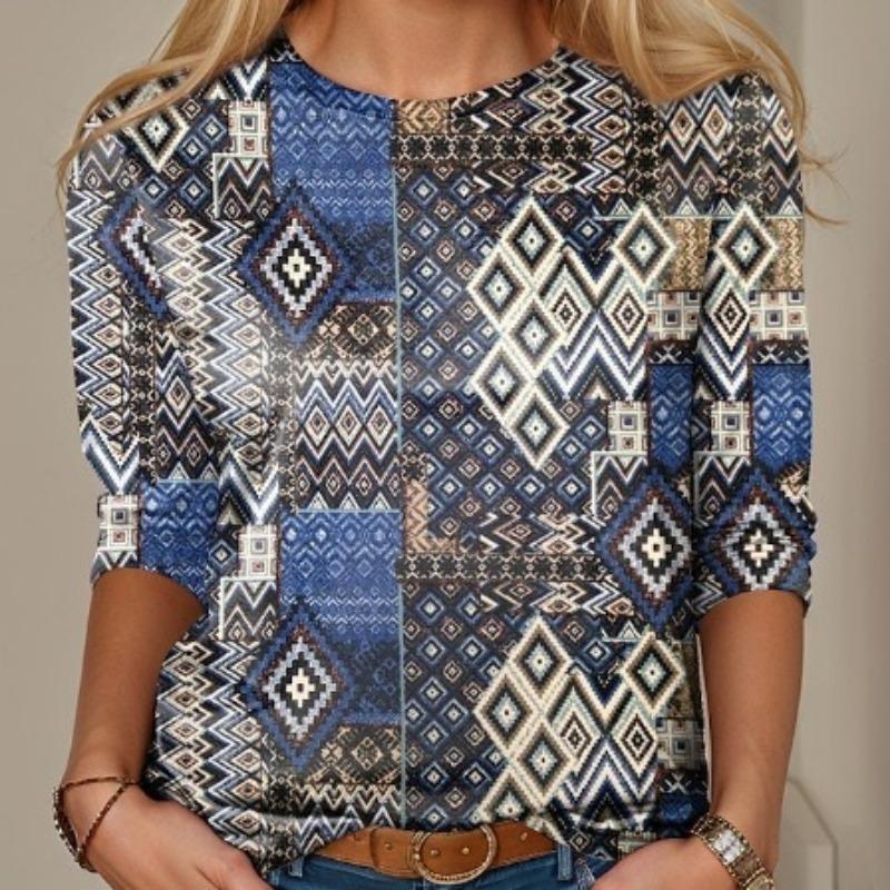 Women's Spring Autumn Square Pattern Totem Long Sleeve T-shirt Round Neck Slimming T-shirt Digital Printing Shirt