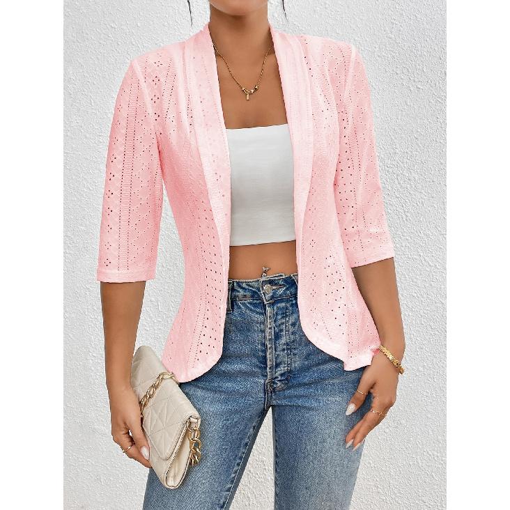 Fashionable Four-Season Casual Commute Hollow out Solid Open Front Jacket Outerwear for Everyday Use