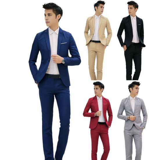 2 stk/sett herre Slim Fit draktsett jakkeslag Langermet enkeltknappsdrakt kåpe Langbuksesett i ensfarget forretningsantrekk