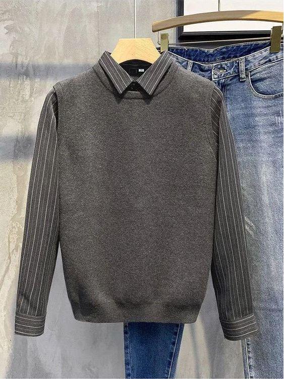 Men's Slim Retro Knitted Sweater with Shirt Collar - Autumn & Winter Trend