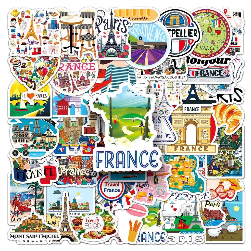 50 French French Personality Cartoon Outdoor Travel Landscape Landmark Decorative Water Cup Suitcase Stickers