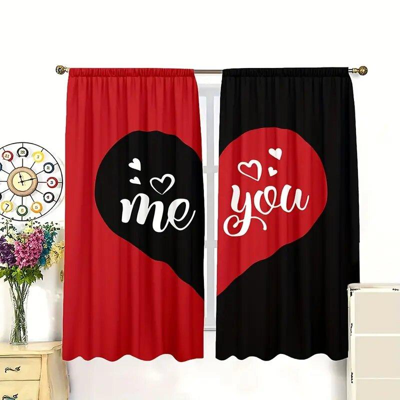 Valentine Day Black Red Heart Shaped Pattern Printed Curtains Window Decorations Home Room Made Of Polyester