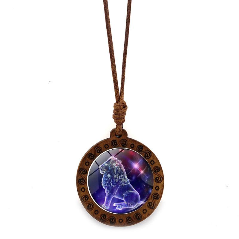 Twelve Constellations Time Glass Wooden Retro Brown Wax Rope Male and Female Couple Birthday Gift Pendant Necklace