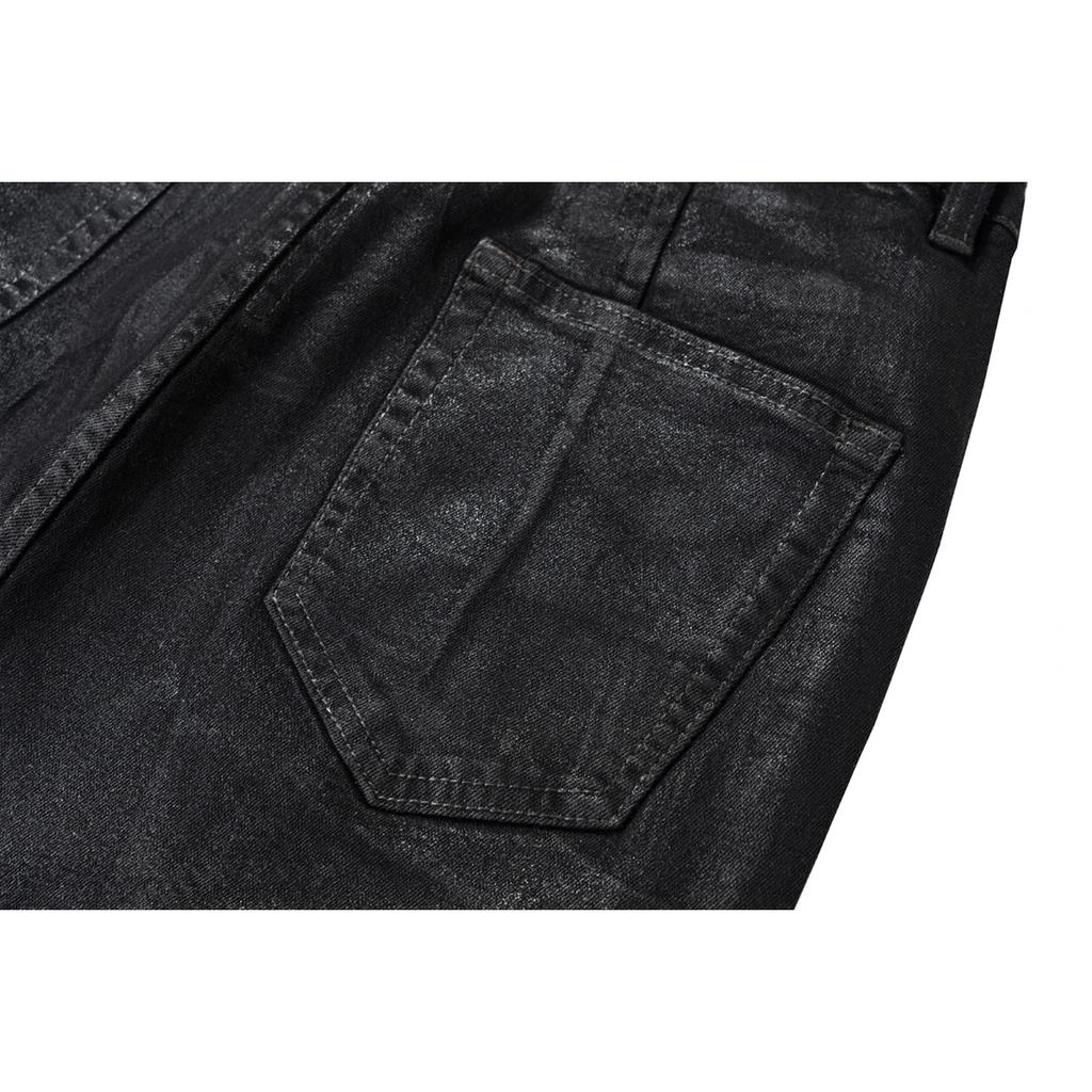 RogueWave Streetwear Schwarze Wachsleder Stretch Jeans für Herren Ropa Hombre Baggy Y2k Schlaghosen Übergroße Gerade Denim Hose