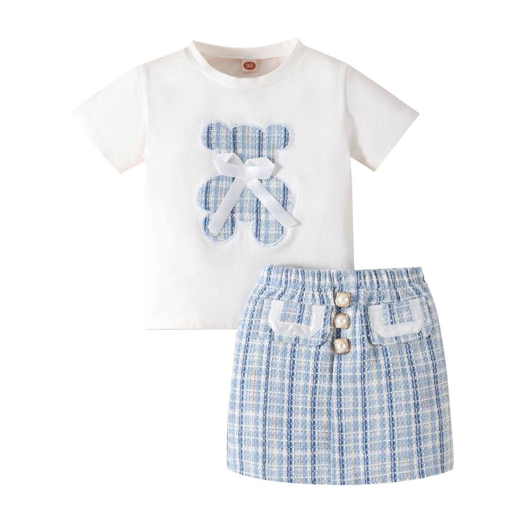 Girls Fashion Set Summer Children's Bear Bow Pullover Short Sleeve T-shirt Skirt Set