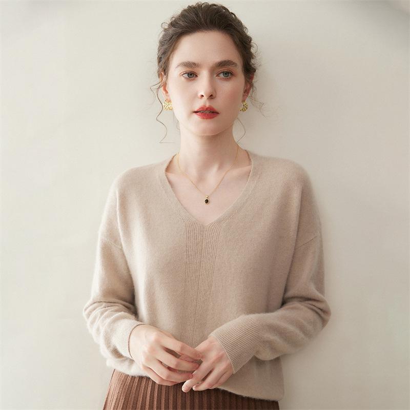 Women's V-Neck Seamless Cashmere Sweater: Brushed Finish, Long Sleeve, Solid Color
