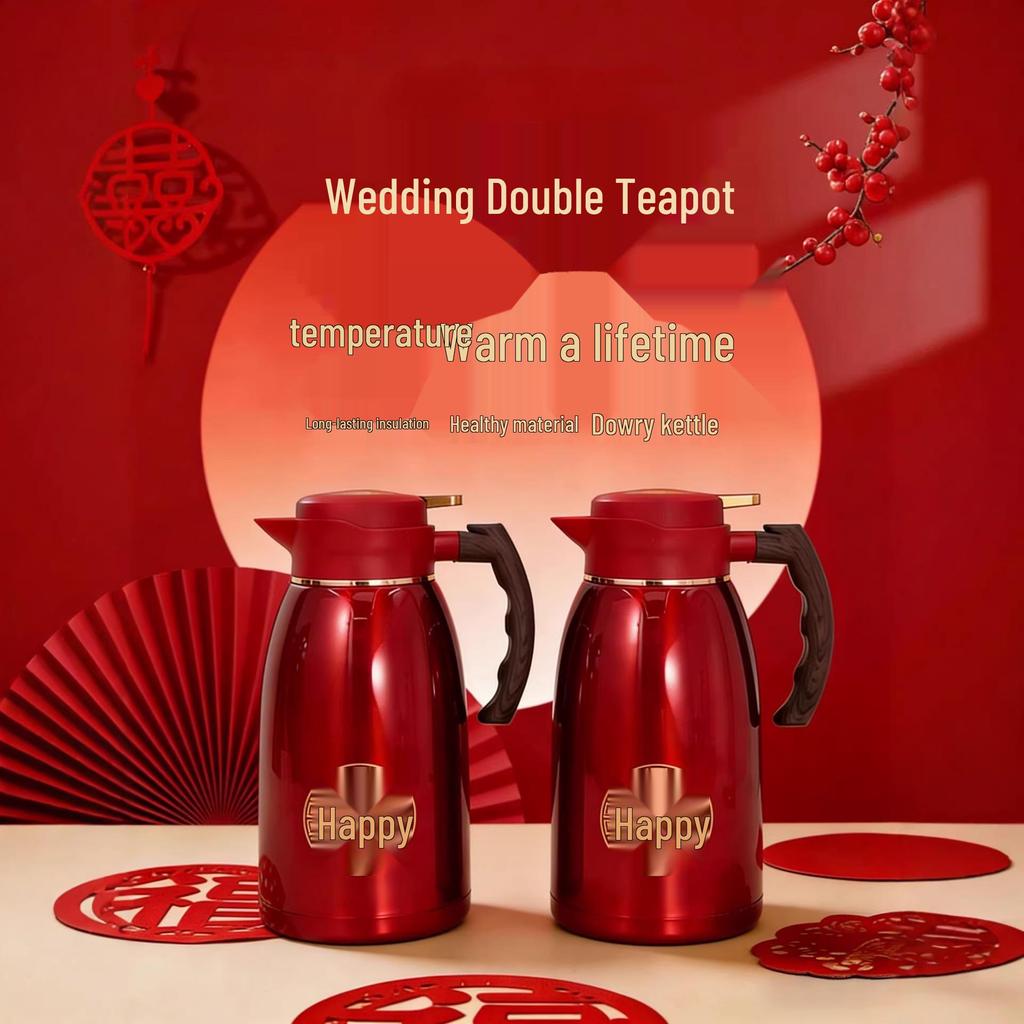 304 Stainless Steel Red Thermos Flask for Wedding Celebration - Festive Hot Water Bottle and Kettle