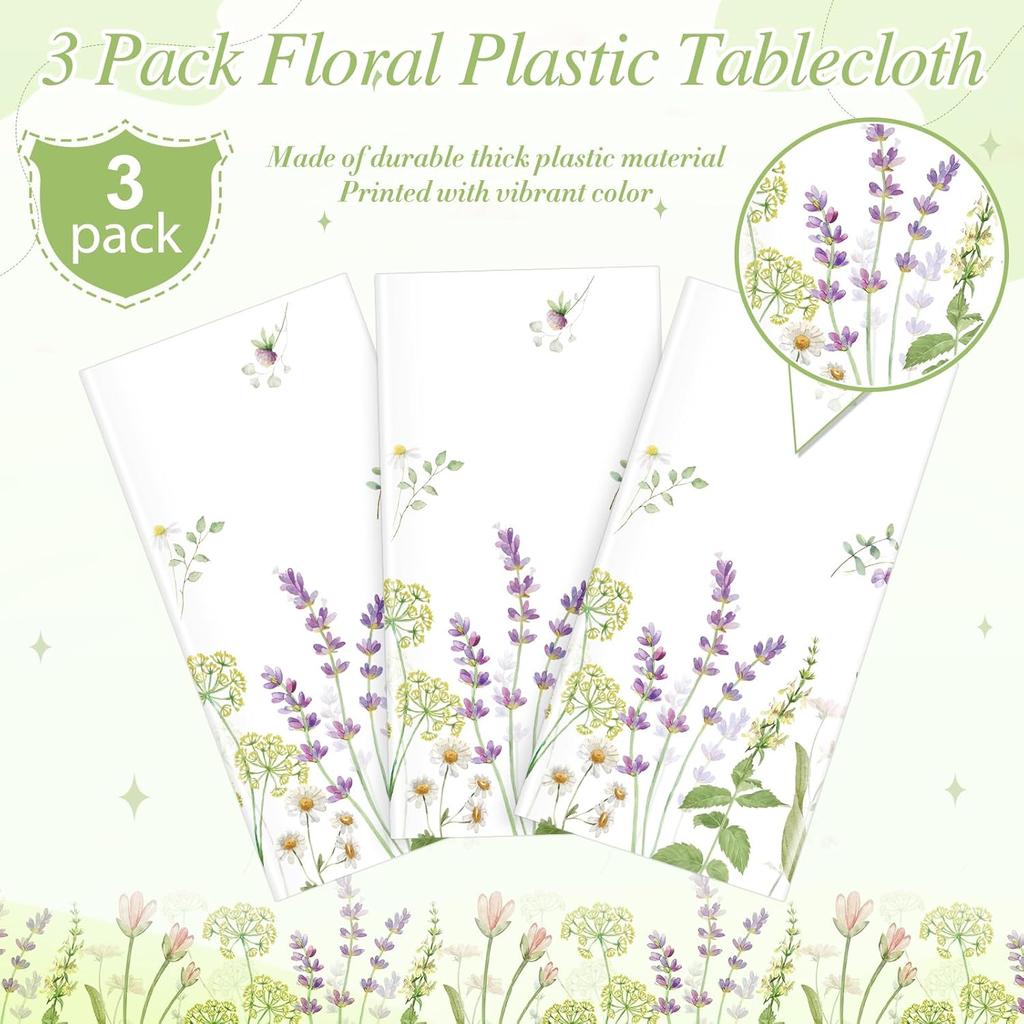 3 Pack Spring Floral Tablecloth, Summer Wildflower Plastic Table Cover for Rectangle Tables, Flower Holiday Disposable Table Cloth for Easter