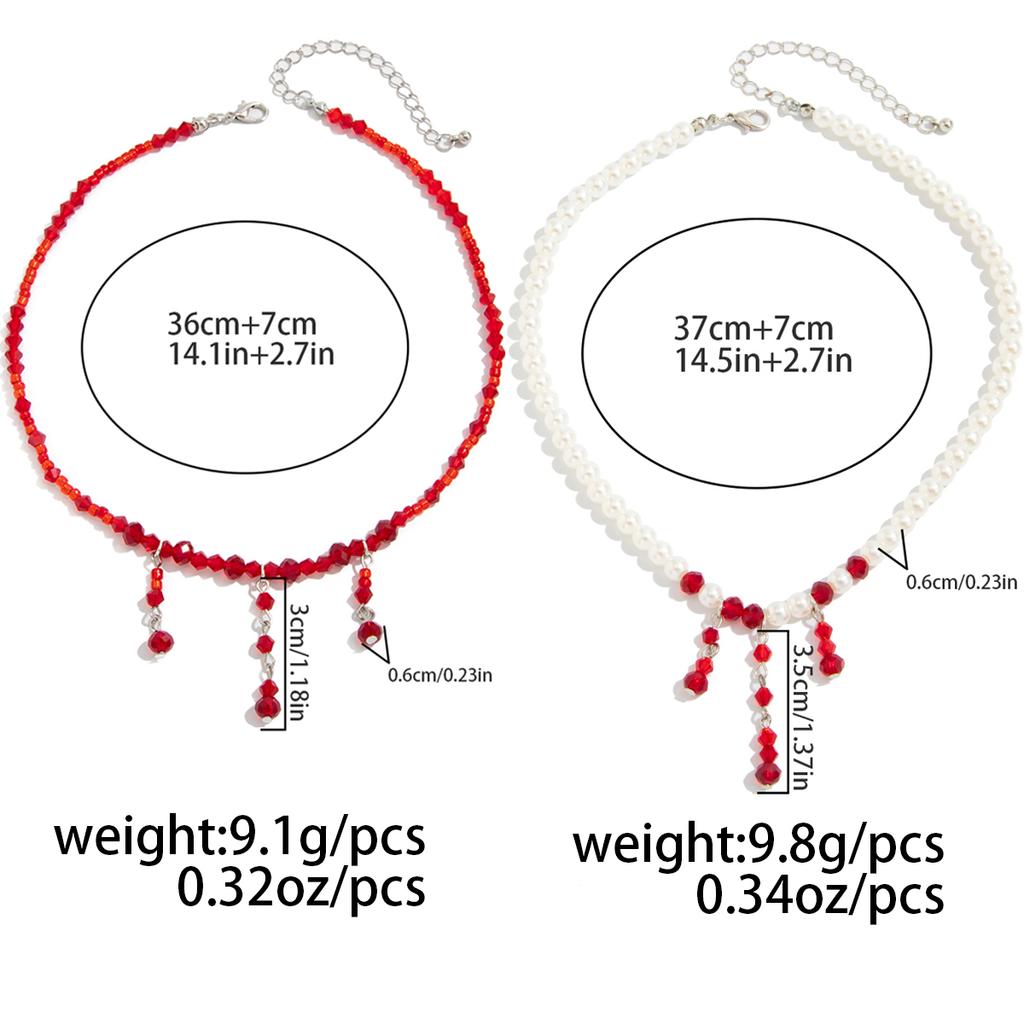 Salircon Vintage Red Blood Pattern Imitation Pearl Tassel Pendant Necklace for Women Goth Crystal Bead Chain Halloween Jewelry
