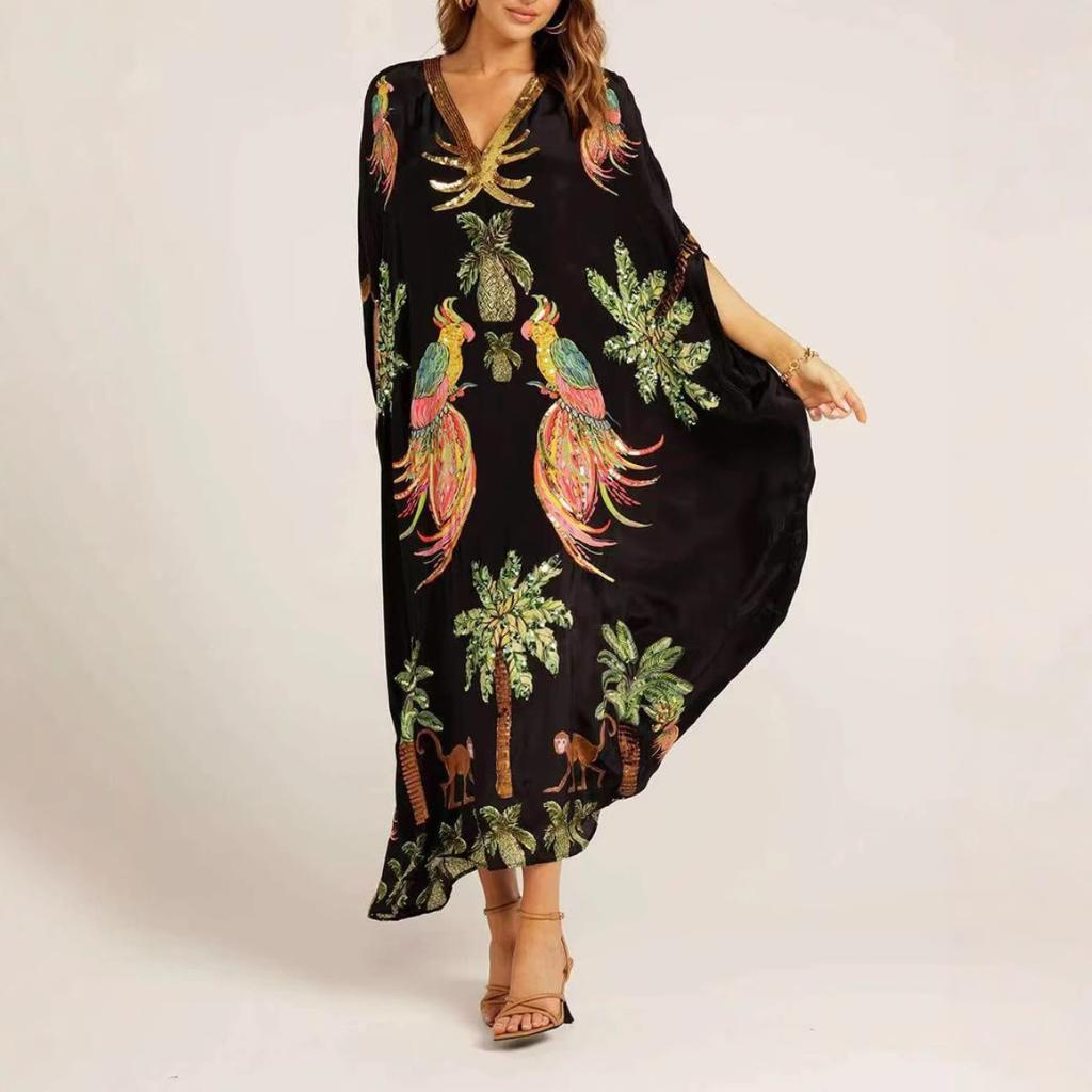 Women's V Neck Three Quarter Maxi Dress Loose Fit Mid Waist Tropical Print Kaftan Beach Dress