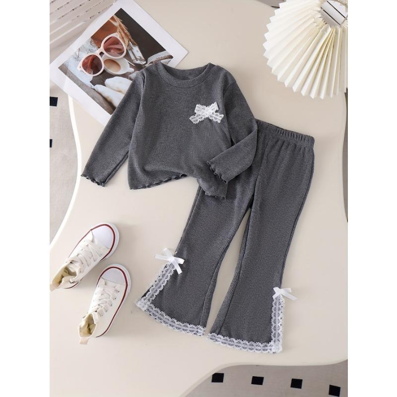 

2 шт. Спортивный костюм для девочек с бантами - Удобный и дышащий повседневный наряд с эластичным поясом, длинными рукавами и подходящими брюками для весны 140cm темно-серого