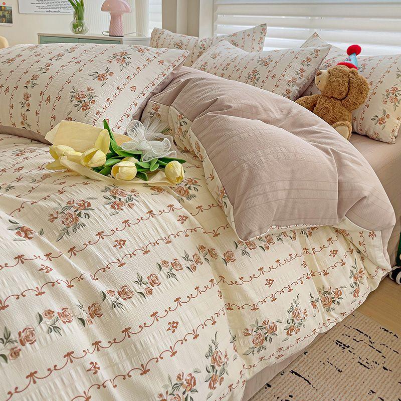 Floral Print French Style Bedding Set Bubble Cotton Duvet Cover Set Washed Cotton Flat Sheet Set Queen For Girl Decor Home