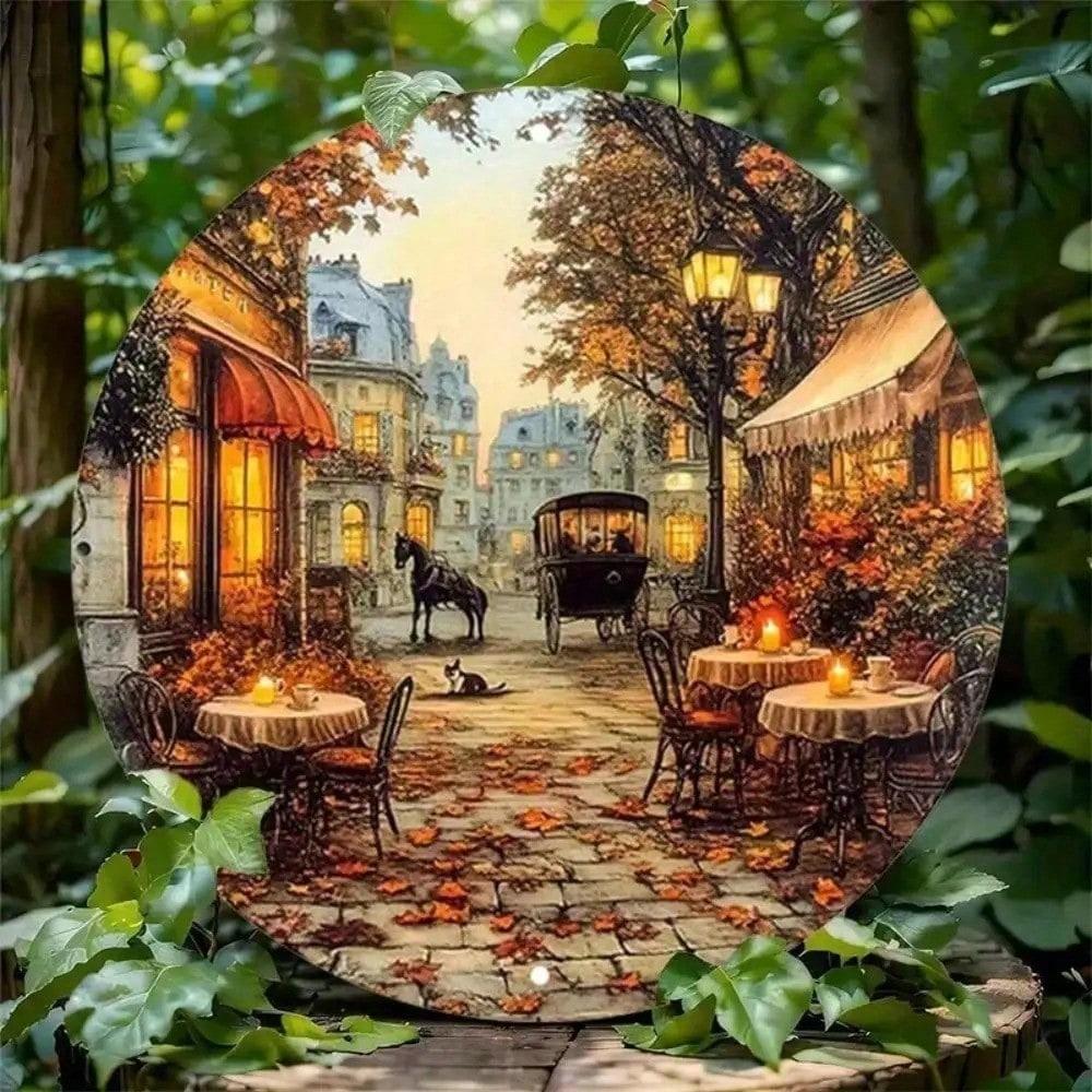 Vintage Metal Sign Round 8 Inch Autumn Street Scene Wall Art for Home Kitchen Bar Decor