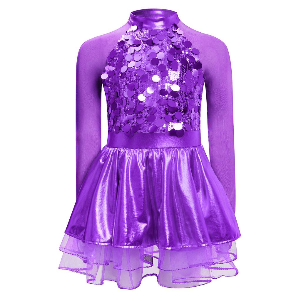 Mädchen Metallic Tutu Kleid Pailletten Durchsichtiges Mesh Langarm Design Schlüsselloch Rücken Funkelndes Tanzkostüm