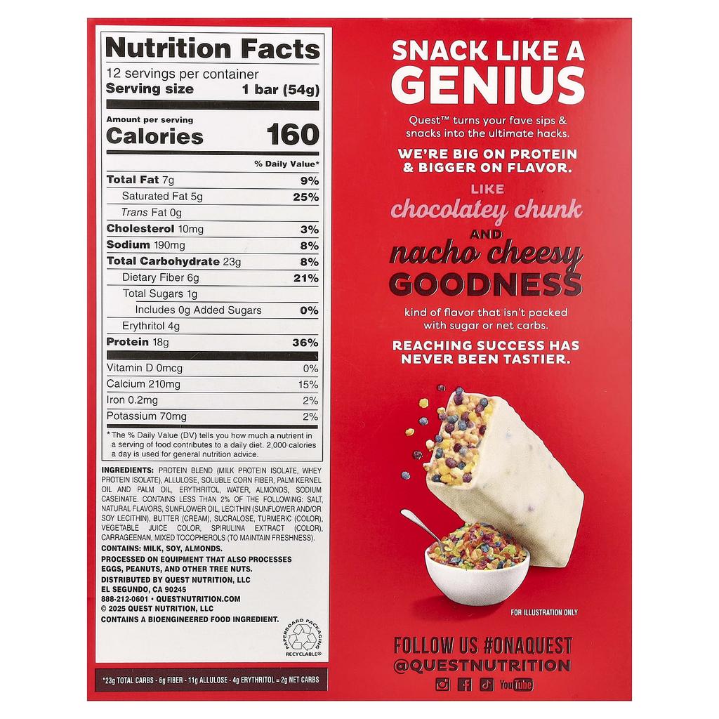 Quest Nutrition Protein Bars, Crispy Fruity Cereal, 12 Bars, 54g (1.9oz) Each