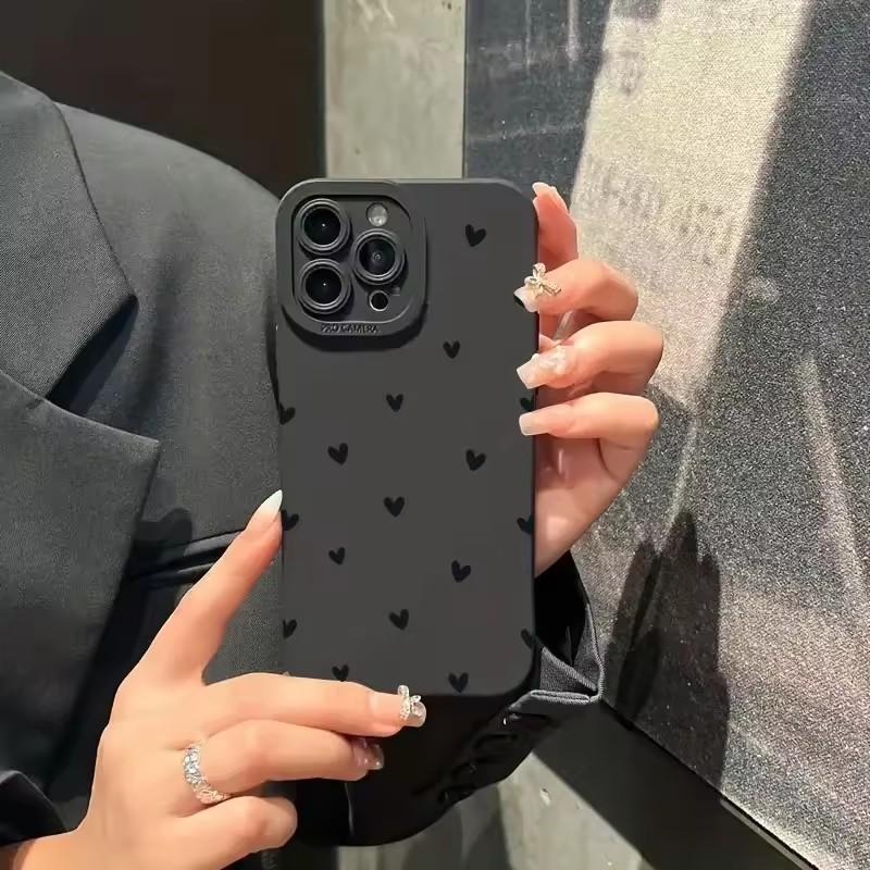 For iPhone 16 14 15 13 12 11 Pro Max X XR XS 7 8 15 16 Plus SE 2020 Shockproof Silicone Soft Black Love Heart Phone CaseCover