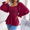 Summer Women Chiffon Shirt Long Sleeve Square Neck Solid Color Tops with Wooden Ears