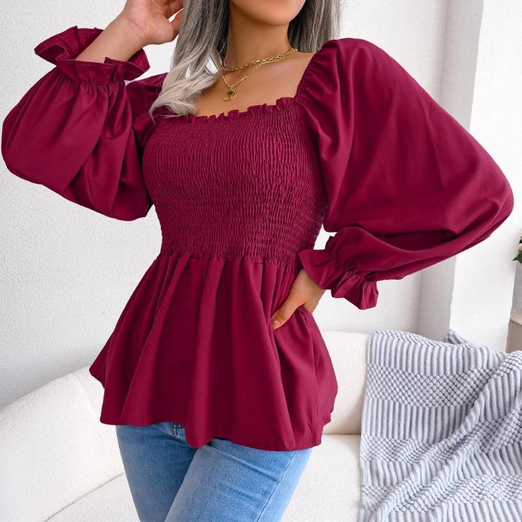 Summer Women Chiffon Shirt Long Sleeve Square Neck Solid Color Tops with Wooden Ears