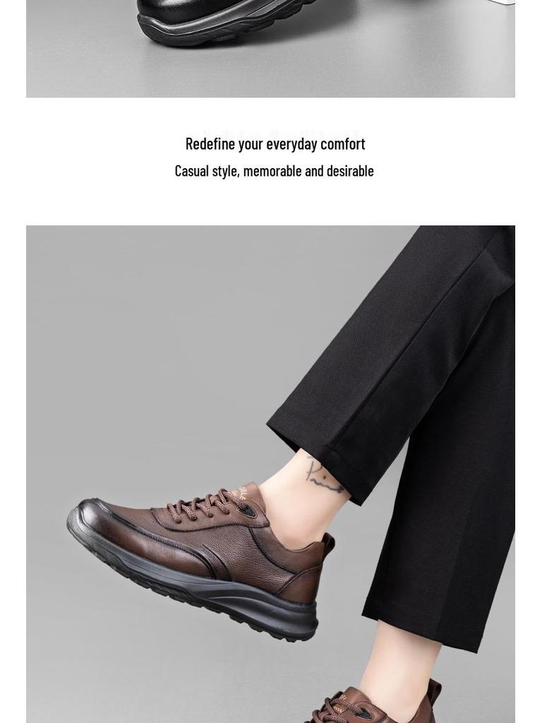 Fu De Le 2025 Men's Genuine Leather Non-Slip Dad Shoes - Soft Sole, Comfortable Cowhide Leather