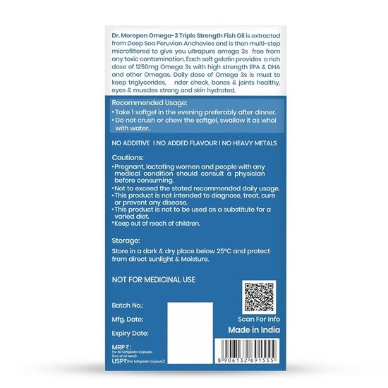 DR. Morepen Omega-3 Fischöl (60 Kapseln) | 1250mg Dreifach Stärke Fischöl Weichkapseln (450mg EPA & 300mg DHA) | Für Gelenk- & Herzgesundheit