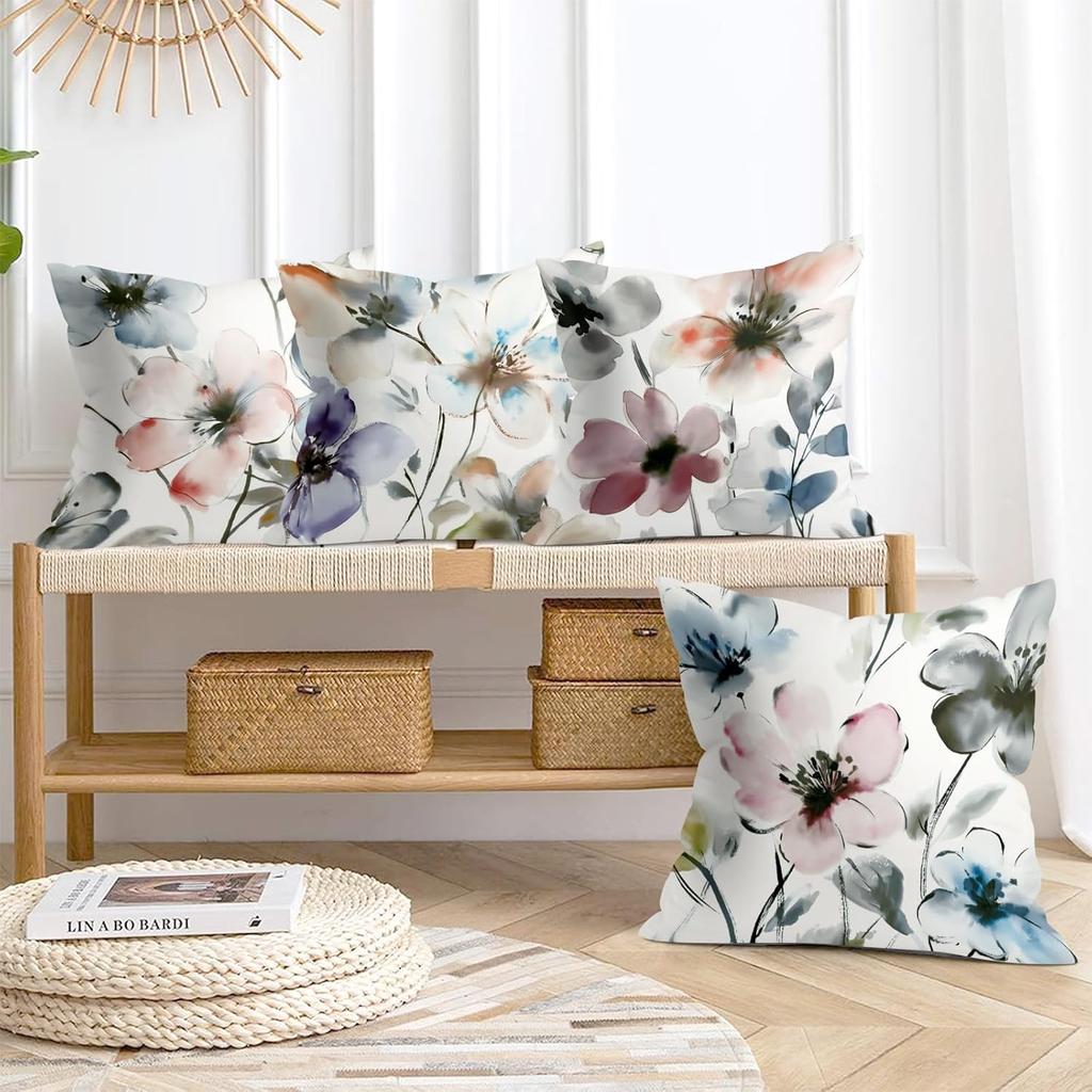 4Pcs Watercolor Floral Bloom Printed Pillow Cover Polyester Cushion Case 2D Flat Printing Pillowcase Romantic Gift Ready Now