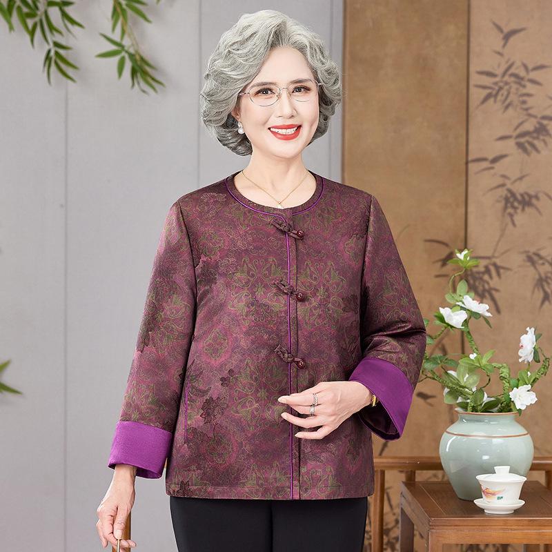 Elegant Spring & Autumn Chinese Style Outerwear for Mothers and Grandmothers, Round Neck, Fashionable for Middle-Aged and Elderly Women.