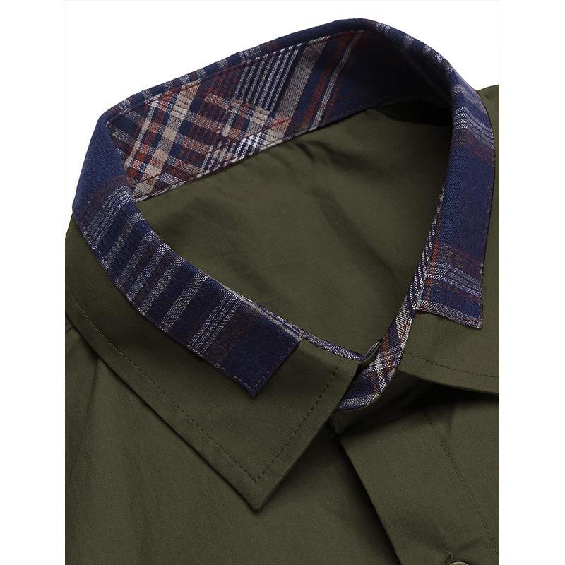 Men's Summer Casual Button Down Shirt Fashion with Plaid Trim Pocket Detail Short Sleeve