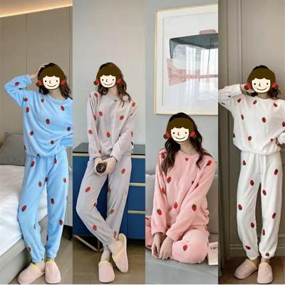 2-Pcs Strawberry Flannel Pajamas for Women Warm Sleepwear Suit Coral Household Clothes Autumn Winter Velvet Thickened Kawaii