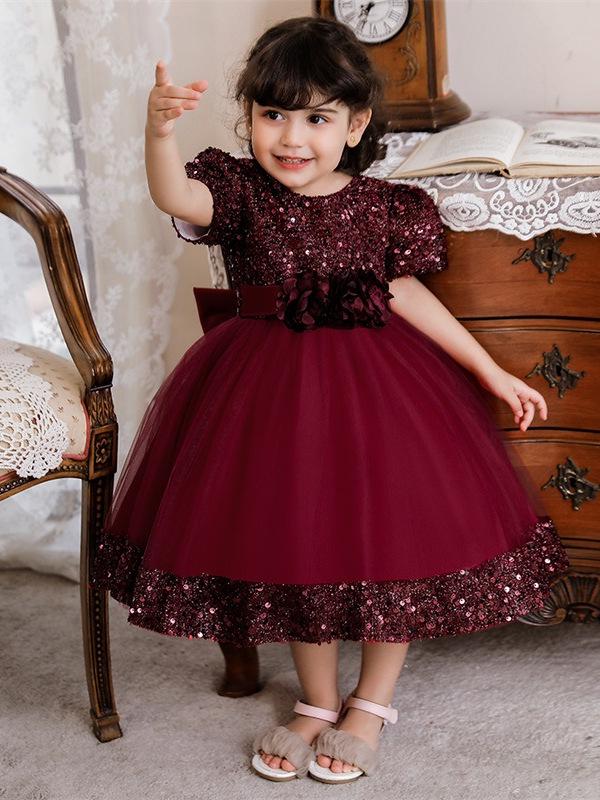 Mädchen Kurzarm Pailletten Puffrock Prinzessinnenkleid - Kinder Festkleidung