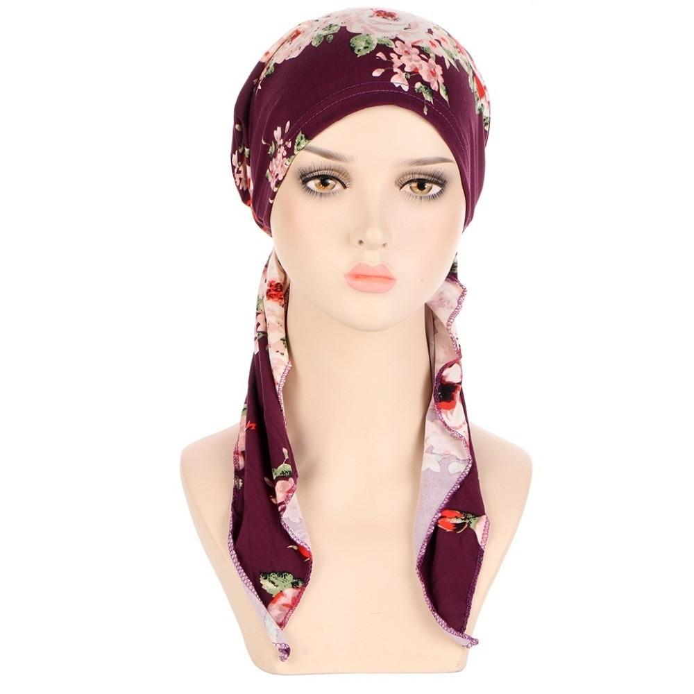 Hair Loss Cover Turban Hijab Elastic Stretch Flower Print Head Scarf Soft Chemo Hat Cap for Women