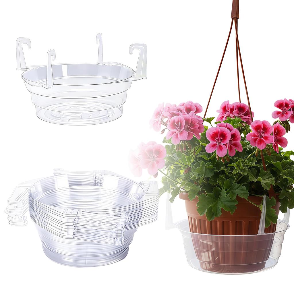 Plastic Round Water Catch Tray with 4 Pcs Hooks Transparent Plant Drip Holder Ventilated for Gardening Balcony Window Decoration