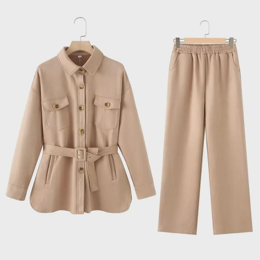 Women's Suede Lapel Jacket & Elastic Waist Straight Pants Set