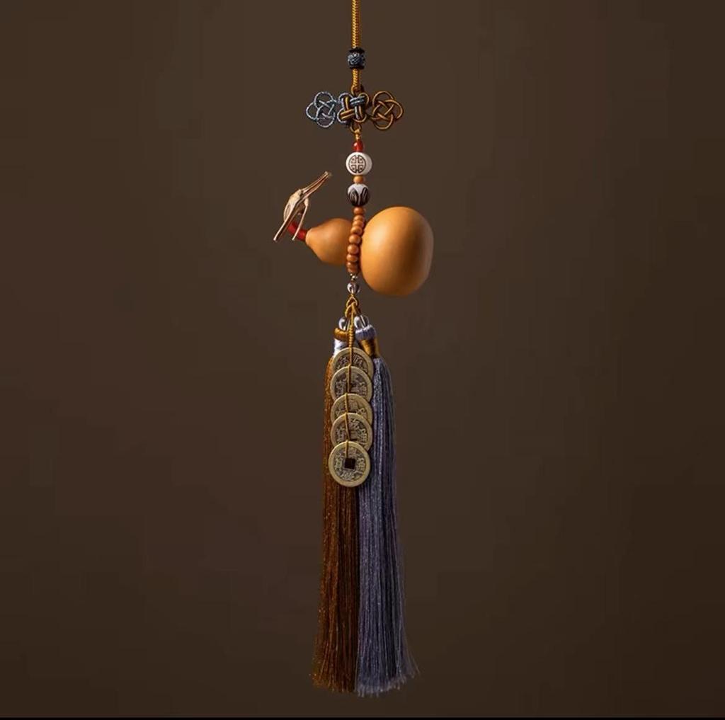 Chinese Knot Car Pendant Natural Gourd Five Emperors Coin Rearview Mirror Pendant Fringe Copper Coin Gourd Auspicious Car Decoration