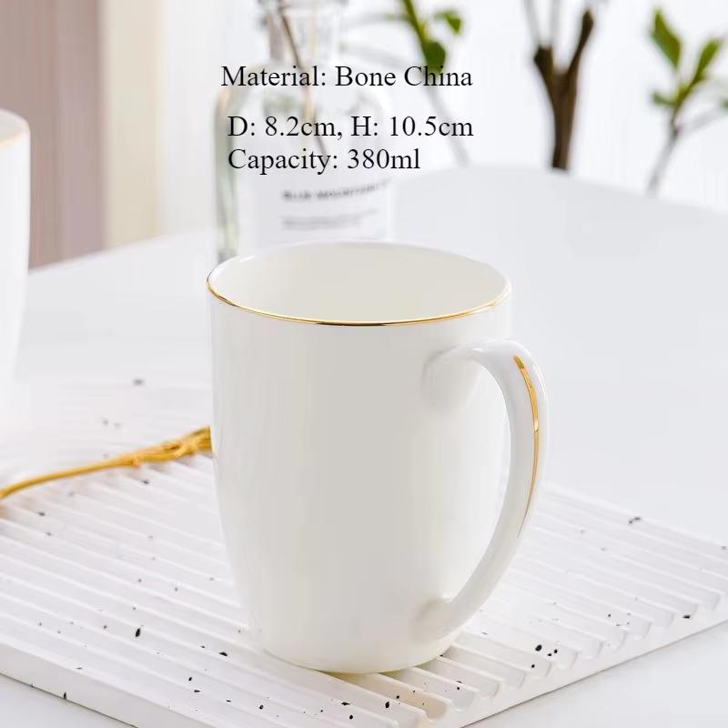 Pure White Brief Ceramic Mug, Bone China, Household Office Coffee Milk Cup with Gold Rim Mark, Drinkware Gift, Porcelain
