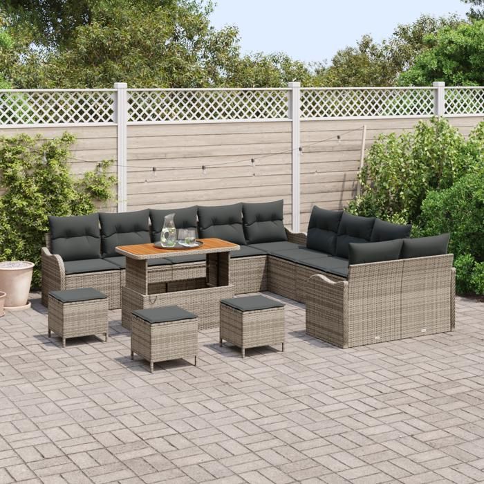 Ensemble de Canapés de Jardin vidaXL 14 pièces avec Coussins Gris Rattan, Canapé de Jardin 2 places vidaXL avec Coussins 3362333