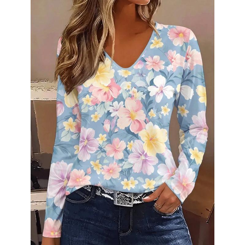 Autumn Women's 3D Printed V-Neck Long Sleeve T-Shirt