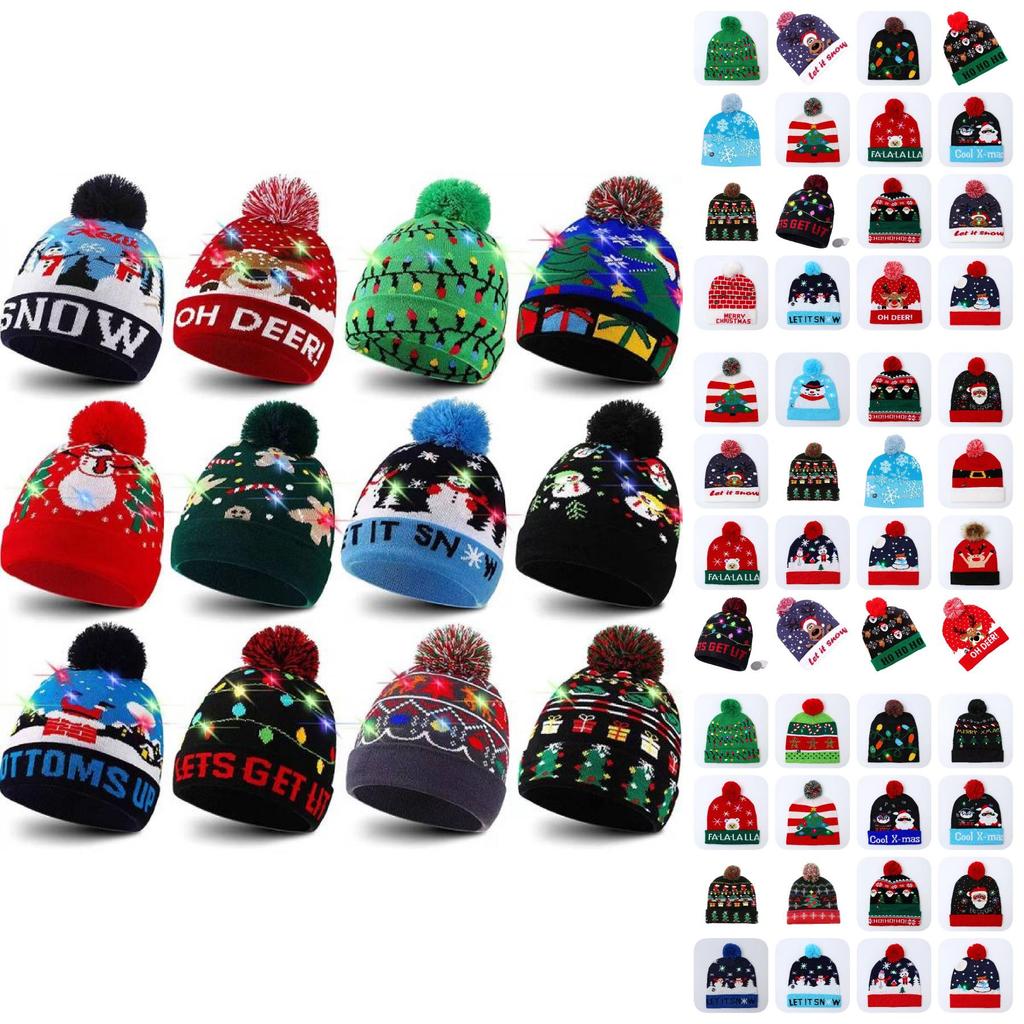 Cozy Acrylic Knitted Christmas Beanie Hat With Led Lights For Winter Fashion