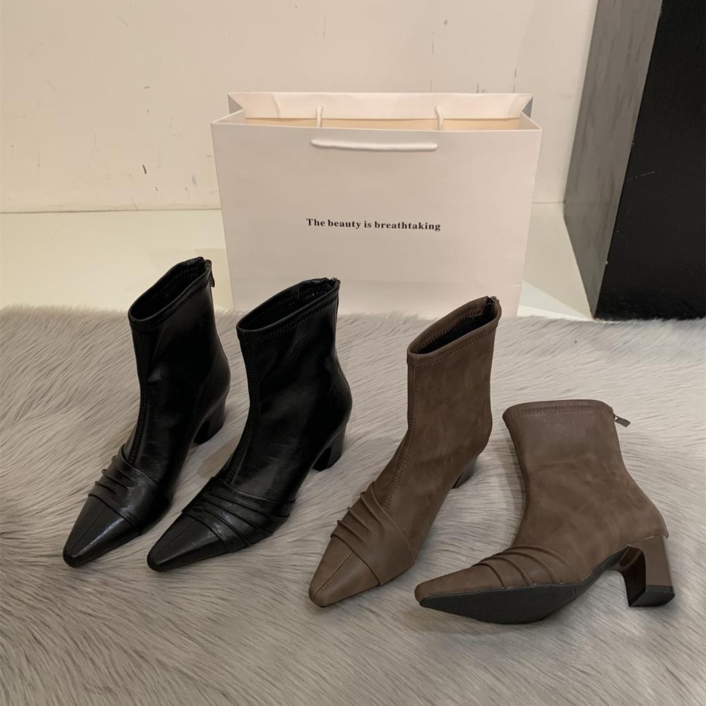 Black high-heeled thin boots autumn and winter new French pointed small bare boots versatile thick heel temperament short boots women's single boots