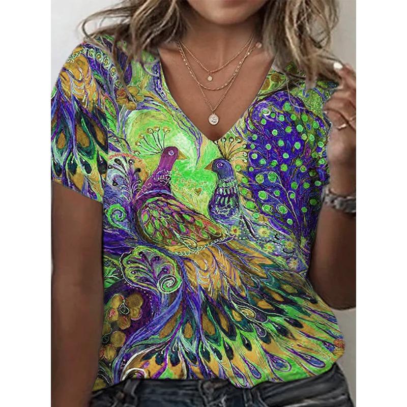 Plus Size Casual Tops Women's Large Size Peacock Painting Print Short Sleeve V-Neck Medium Stretch T-Shirt Best for Summer
