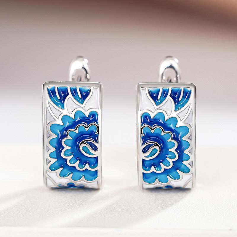 Silver Plated Blue & White Enamel Flower Pattern Ring, Vintage Turkish Art Inspired Band Ring for Women