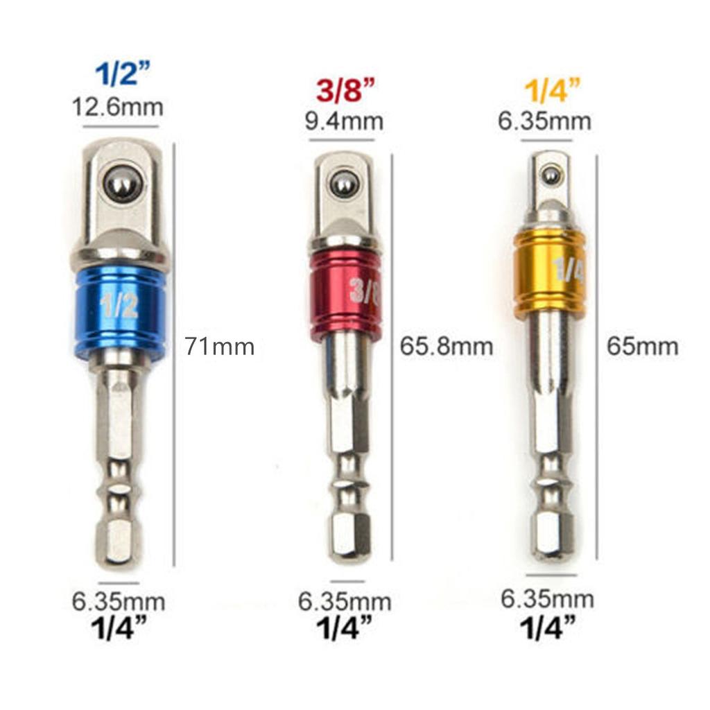 3 X Socket Adapter Drill BIts Set Hex Shank 1/4" 3/8" 1/2"Impact Driver Tools