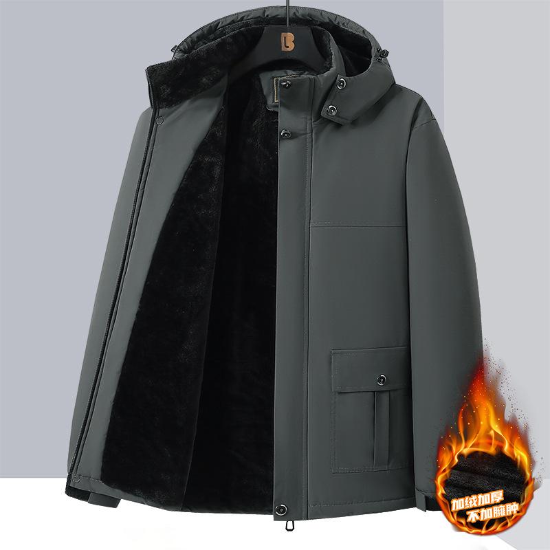 Men Hooded Fleece Lined Thick Jacket Solid Color Casual Outdoor Winter Coat