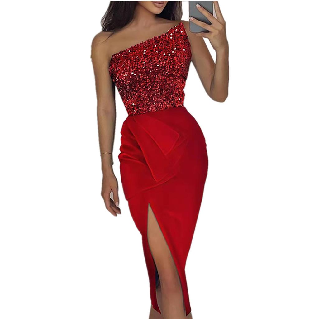 Fashion Women's Color Sexy Sequin Split Long Skirt Temperament One-shoulder Evening Dress