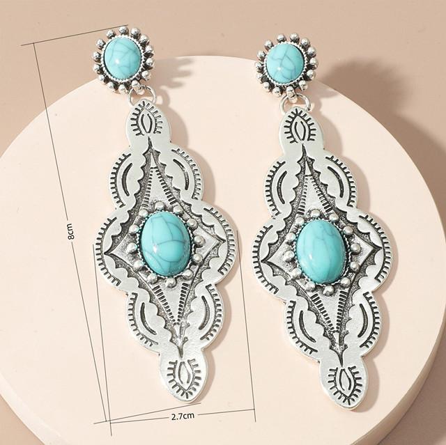 Ethnic Style Turquoise Long Earrings with Personalized Temperament and Exquisite Pattern Inlaid Earrings