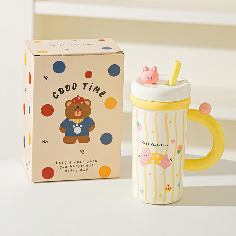 Large Capacity Cartoon Straw Cup with Lid Cute Mug High value Kitten Animal Ceramic Cup Set Gift