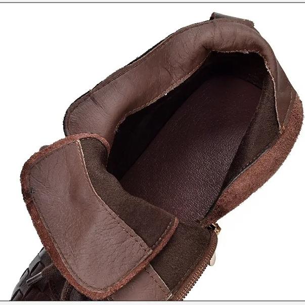 Johnature Genuine Leather Hand Woven Thick Heel Ankle Boots Retro Soft Sole Versatile Women's Shoes